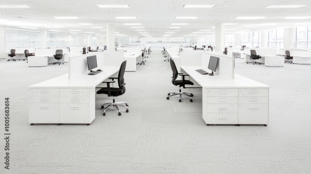 Poster modern futuristic call center interior with empty workstations and copy space for text overlay
