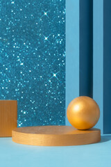 Golden podium on an abstract shiny sparkling blue background. Empty scene with a geometric...