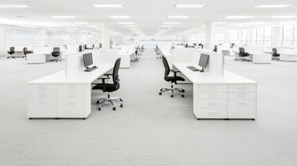 Modern Futuristic Call Center Interior with Empty Workstations and Copy Space for Text Overlay
