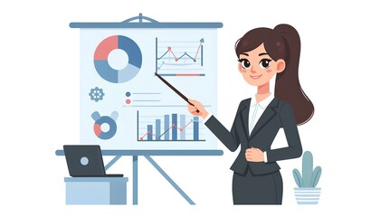 Businesswoman Presenting with Charts in Flat Style Illustration