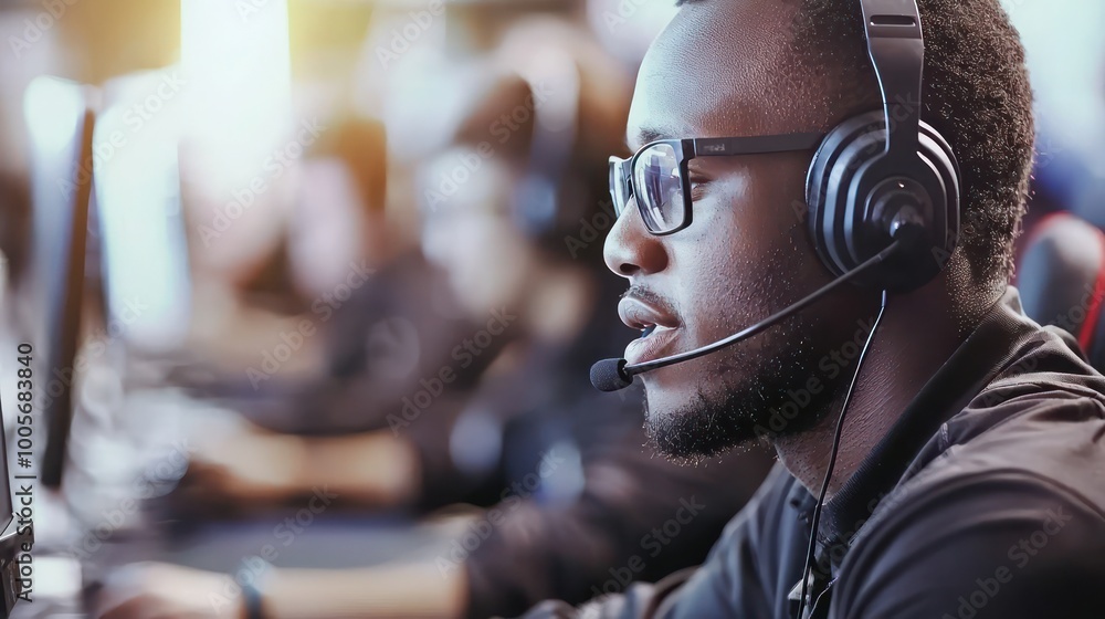 Poster diverse team of call center agents working together with copy space