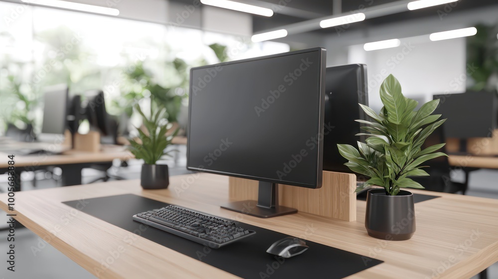 Poster minimalist workspace with headset on desk in bright office setting, copy space included for text or 