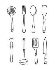 Set of vector linear black and white illustrations of cooking appliances