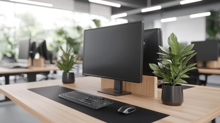 Minimalist Workspace with Headset on Desk in Bright Office Setting, Copy Space Included for Text or Graphics