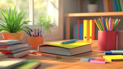 A study desk filled with books, notebooks, and stationery, including colorful pens and sticky notes, creating a realistic and vibrant scene