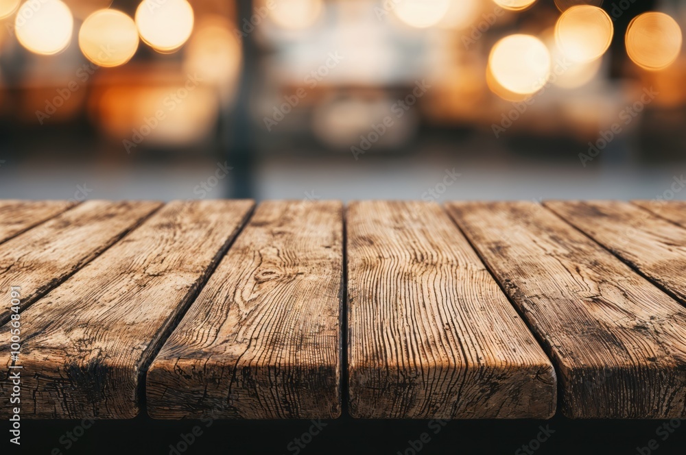 Aufkleber empty wooden table showing blurry lights in the background