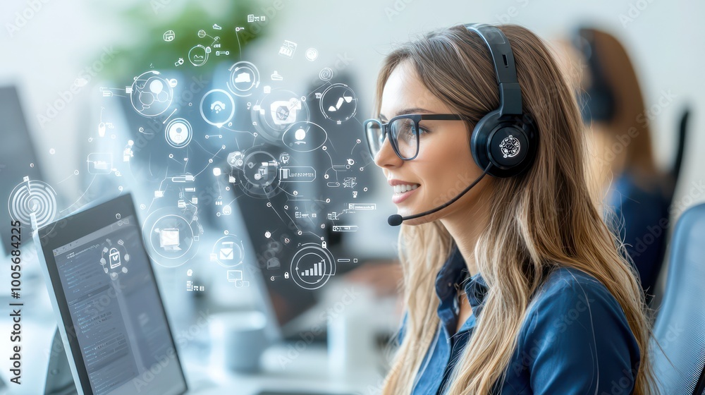 Poster tech-savvy customer service rep amidst virtual interfaces and analytics in modern office