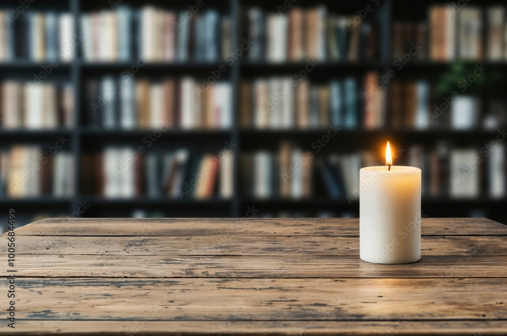 Aufkleber Burning candle illuminating empty table in library setting