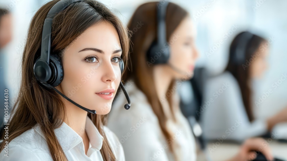 Poster futuristic call center operator assisting customers on holographic interface in modern workspace