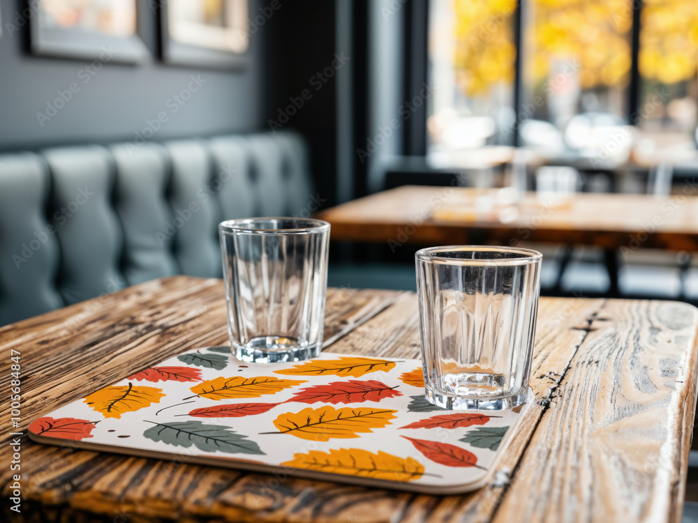 Poster two empty glasses sitting on empty table in restaurant