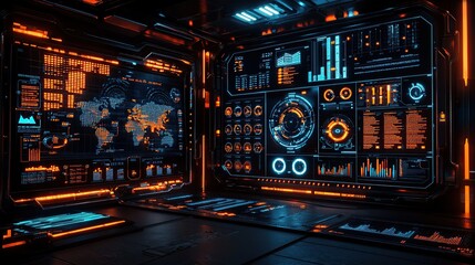 Obraz premium Futuristic control room with glowing digital interfaces and screens.