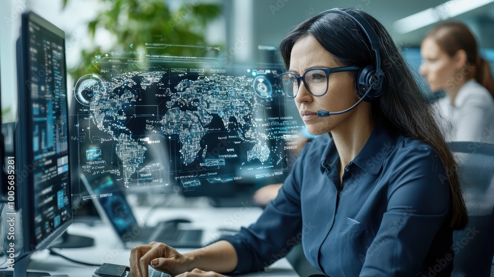 Poster futuristic customer service analytics dashboard tracking calls and digital interactions