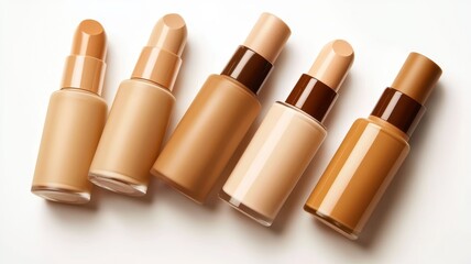 Bottles of makeup foundation,Collection of skin foundation bottles in different shades and samples on color background,makeup essentials,Liquid foundation and swatche,copy space.