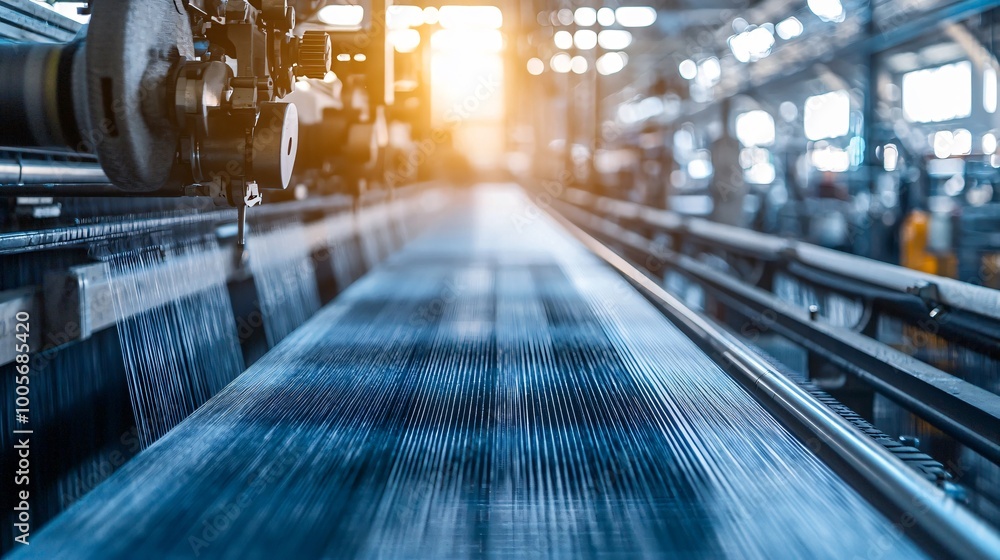 Poster industrial weaving machine closeup with threads and bokeh
