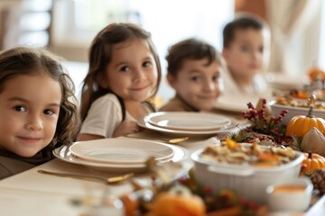Children smiling around festive table with Thanksgiving decor