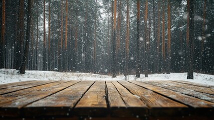 Snowy forest scene with wooden table foreground.