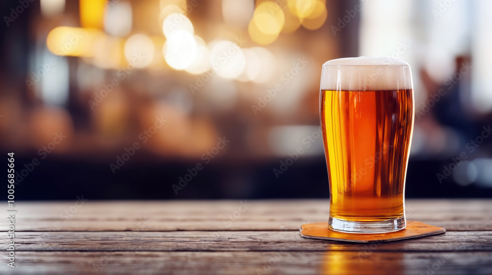 Poster glass of cold beer resting on a wooden table in a bar