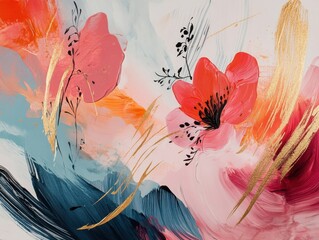 Abstract Painting with Pink Flowers and Gold Accents