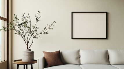 Serene Living Room Setting with Cozy Sofa and Panoramic Mockup Frame for a Calming Aesthetic,3D rendering