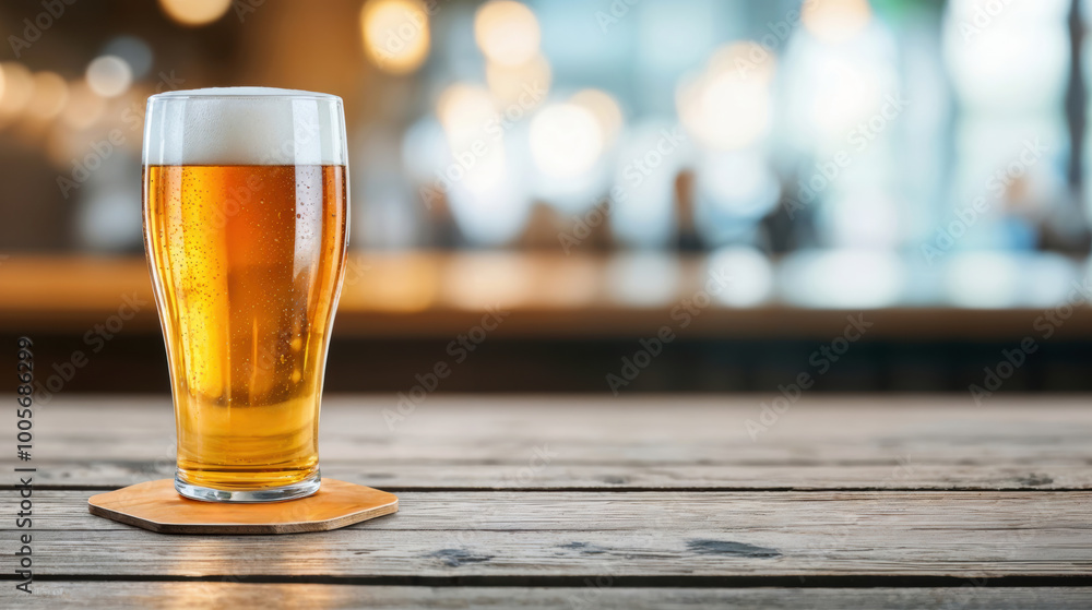 Poster Glass of beer standing on empty table in pub