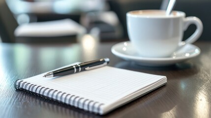 A notepad and pen beside a cup of coffee on a table, suggesting a writing or brainstorming session.