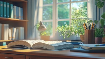 Open books with stationery like pens, rulers, and notepads scattered on a study desk, set in a cozy and realistic office background