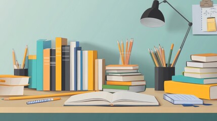 Stacks of books and various stationery items like pencils, erasers, and rulers on a study desk, creating a neat and realistic academic environmen