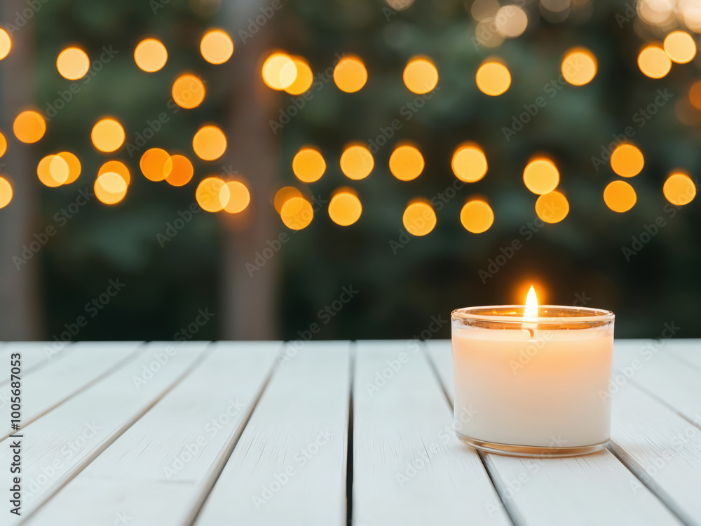 Aufkleber Burning candle illuminating empty table with string lights background