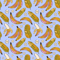 Colorful pattern with hand drawn bananas and leaves on blue background. Summer vector design.