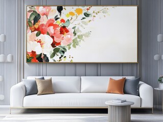 Abstract Floral Painting Above a White Sofa in a Modern Living Room