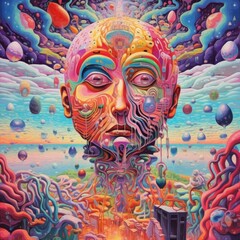 Naklejka premium A vibrant, surreal portrait merging human features with abstract elements.