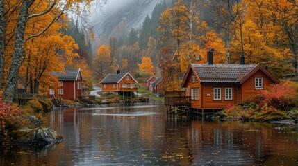 Fototapeta premium Charming autumn cottages by the serene lake surrounded by vibrant trees in a peaceful landscape. Generative AI
