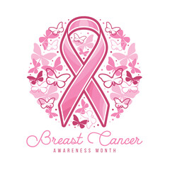 Breast cancer awareness - Pink ribbons awareness sign and abstract pink butterflys flying around to circle shape vector design
