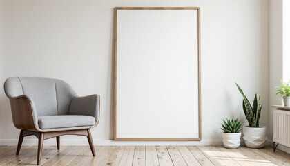 A minimalist living room with a gray armchair, wooden floor, and a white wall with a large blank canvas in a wooden frame. The room features a neutral color scheme, a snake plant in a white pot, and s