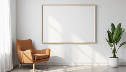 A minimalist living room with a brown armchair, wooden floor, and a white wall with a large blank canvas in a wooden frame. The room features a neutral color scheme, a tropical plant in a white pot, a