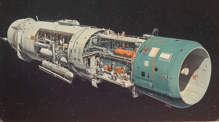 Detailed cutaway view showcasing the complex systems and components responsible for oxygen supply and carbon dioxide removal within the interior of a spacecraft