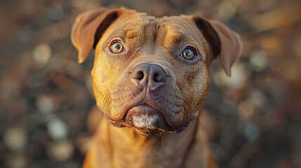 A close-up of a curious brown dog gazing intently amidst a blurred natural backdrop. Generative AI
