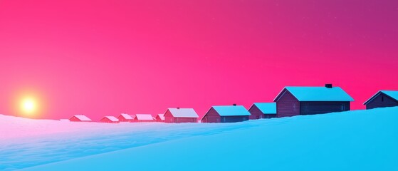 Enchanting Winter Village with Snow-Covered Rooftops and Magical Sky - Fairytale Holiday Scene with Copy Space for Text