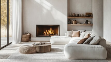 Modern Living Room Interior with a Fireplace, White Sofa, and Wooden Coffee Table