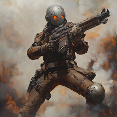 Fototapeta premium Soldier in a Gas Mask Holding a Gun