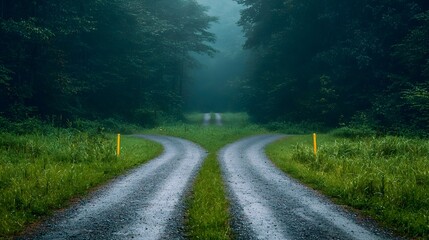 Fototapeta premium Diverging Path in the Mysterious Forest Symbolizing Choices and Betrayal