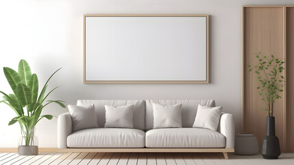 Minimalist living room with white sofa, blank framed canvas, and plants