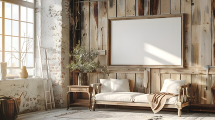 Rustic living room with wooden wall, white sofa, and large blank framed canvas