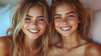 Two women with blonde hair and blue eyes are smiling at the camera