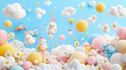 Cute baby chicks and bunnies playing with colorful toys surrounded by soft clouds and flowers