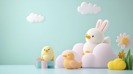 Cute baby chicks and bunnies playing with colorful toys surrounded by soft clouds and flowers
