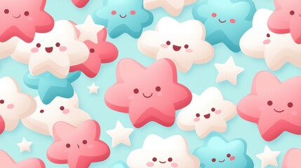 Soft cloud and star motifs with smiling faces designed in a repeating pattern with gentle pastel hues