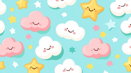 Soft cloud and star motifs with smiling faces designed in a repeating pattern with gentle pastel hues