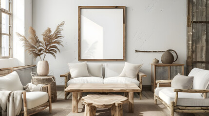 Bohemian living room with white sofa, large blank framed canvas, and dried pampas grass