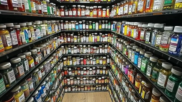 Colorful Array of Vitamins and Supplements in Store Generative AI